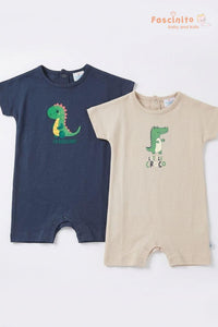 Little CrocoDragon Baby Playsuit Combo – Organic Cotton Blue & Cream Romper