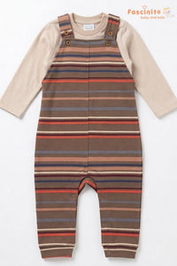 Baby Cotton Dungaree Set – Brown Striped Outfit with Full Sleeve Inner