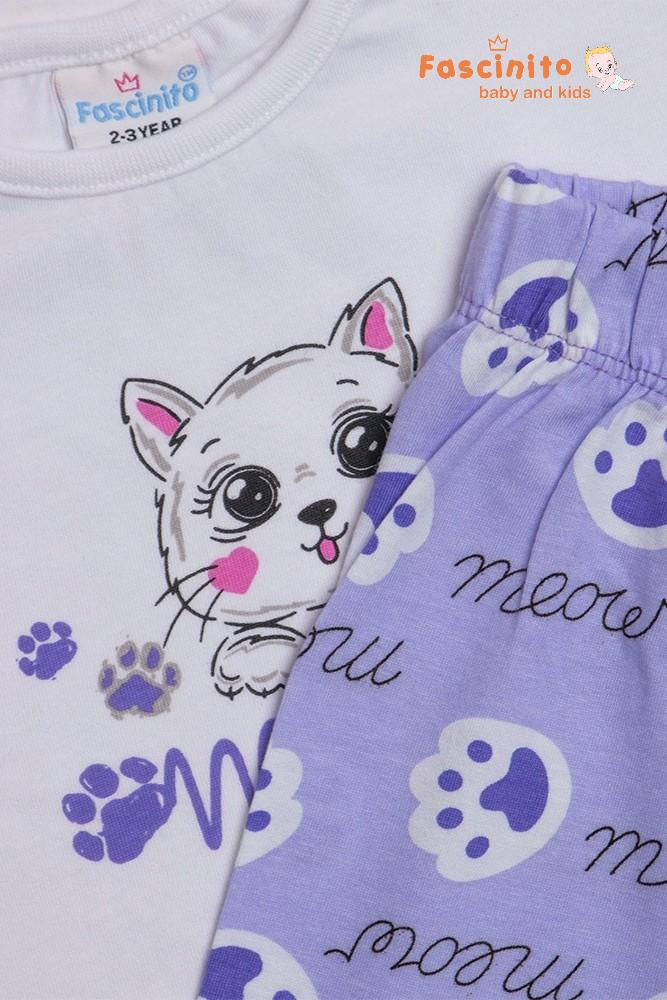 Girls T-Shirt & Pant Set – White Lavender Cat Print Pajama Set