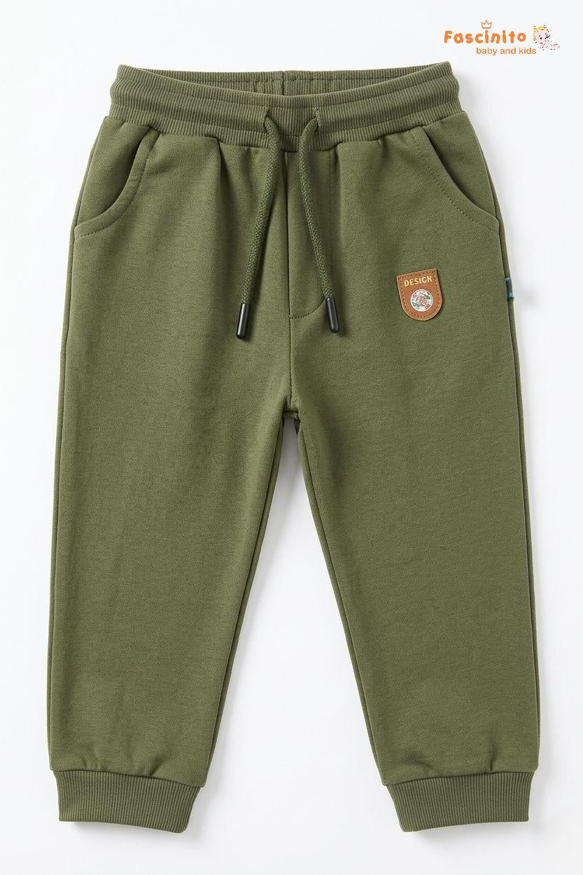 Boys Jogger Pants – Olive Green Cotton Fleece Lined Bottom