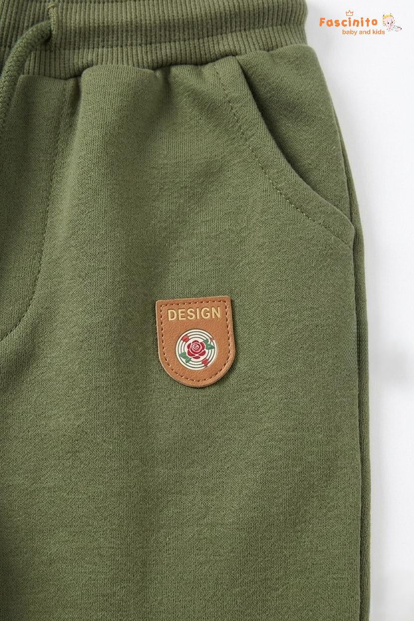 Boys Jogger Pants – Olive Green Cotton Fleece Lined Bottom