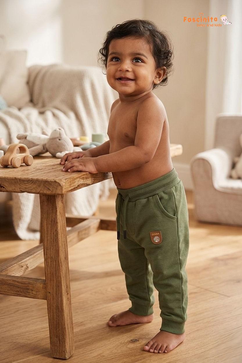 Boys Jogger Pants – Olive Green Cotton Fleece Lined Bottom