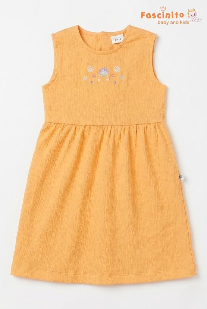 Girls Embroidered Frock – Mustard Yellow Sleeveless Dress