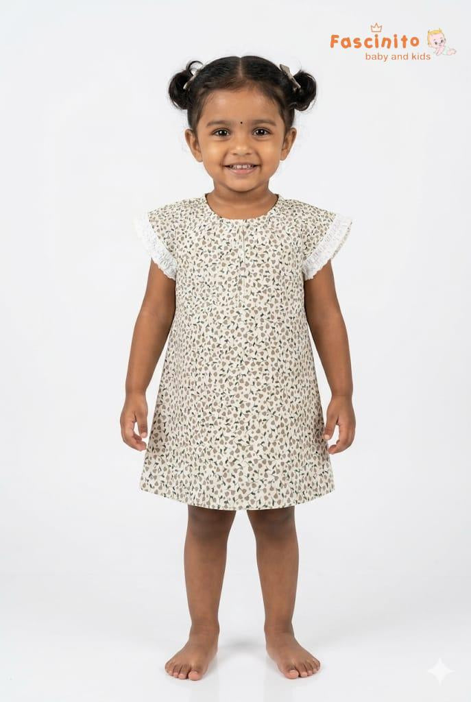 Girls Floral Frock – White Cotton Flutter Sleeve Dress