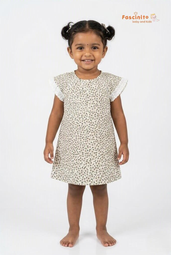Girls Floral Frock – White Cotton Flutter Sleeve Dress