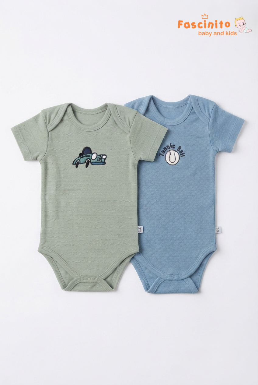Wheels And Playtime Bodysuit Combo (2Pcs Pack) - Sage Green And Light Blue