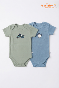 Wheels And Playtime Bodysuit Combo (2Pcs Pack) - Sage Green And Light Blue