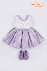 White & Lavender Beaded Bodice Frock & Booties Set - Lavender