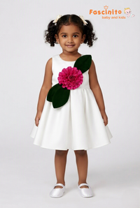 White & Magenta Rose Frock - White