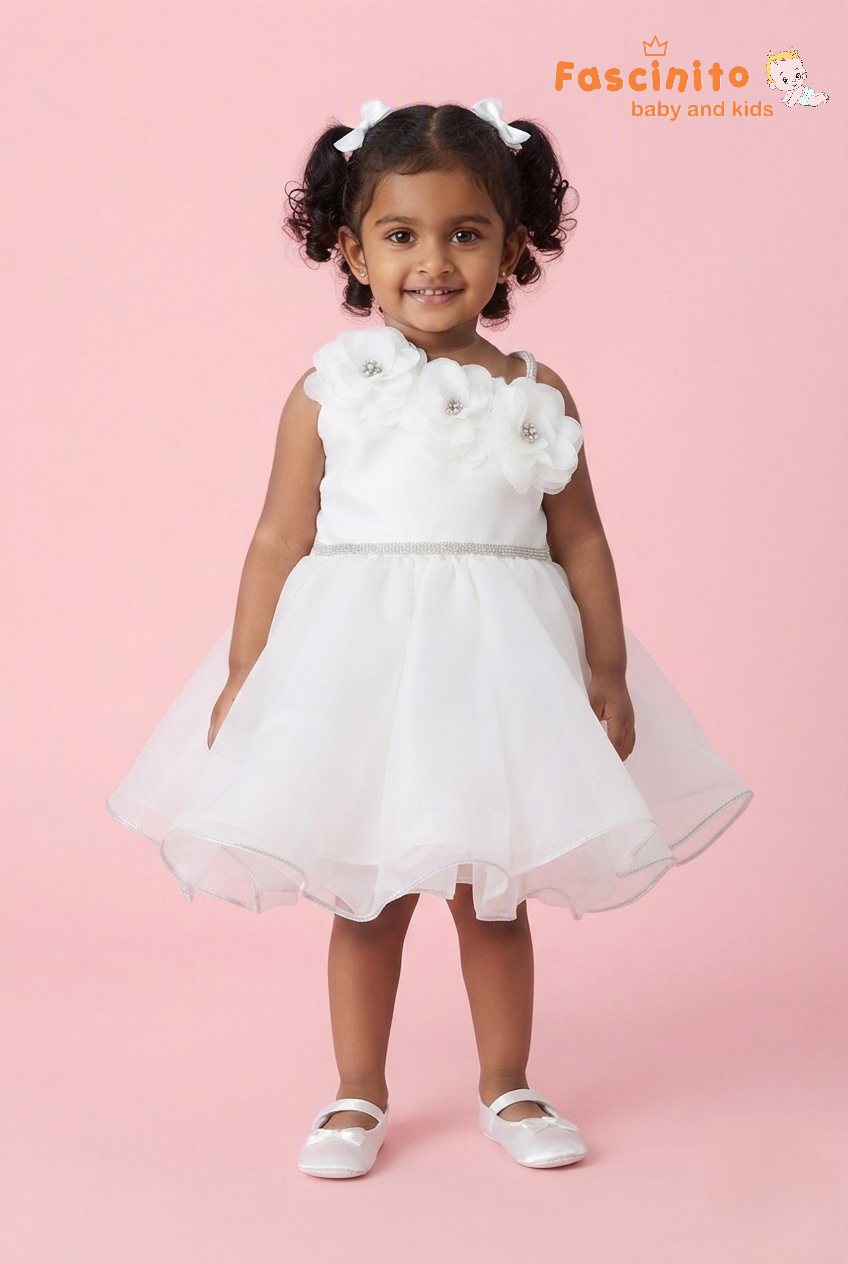 White Floral One-Shoulder Tulle Frock - White