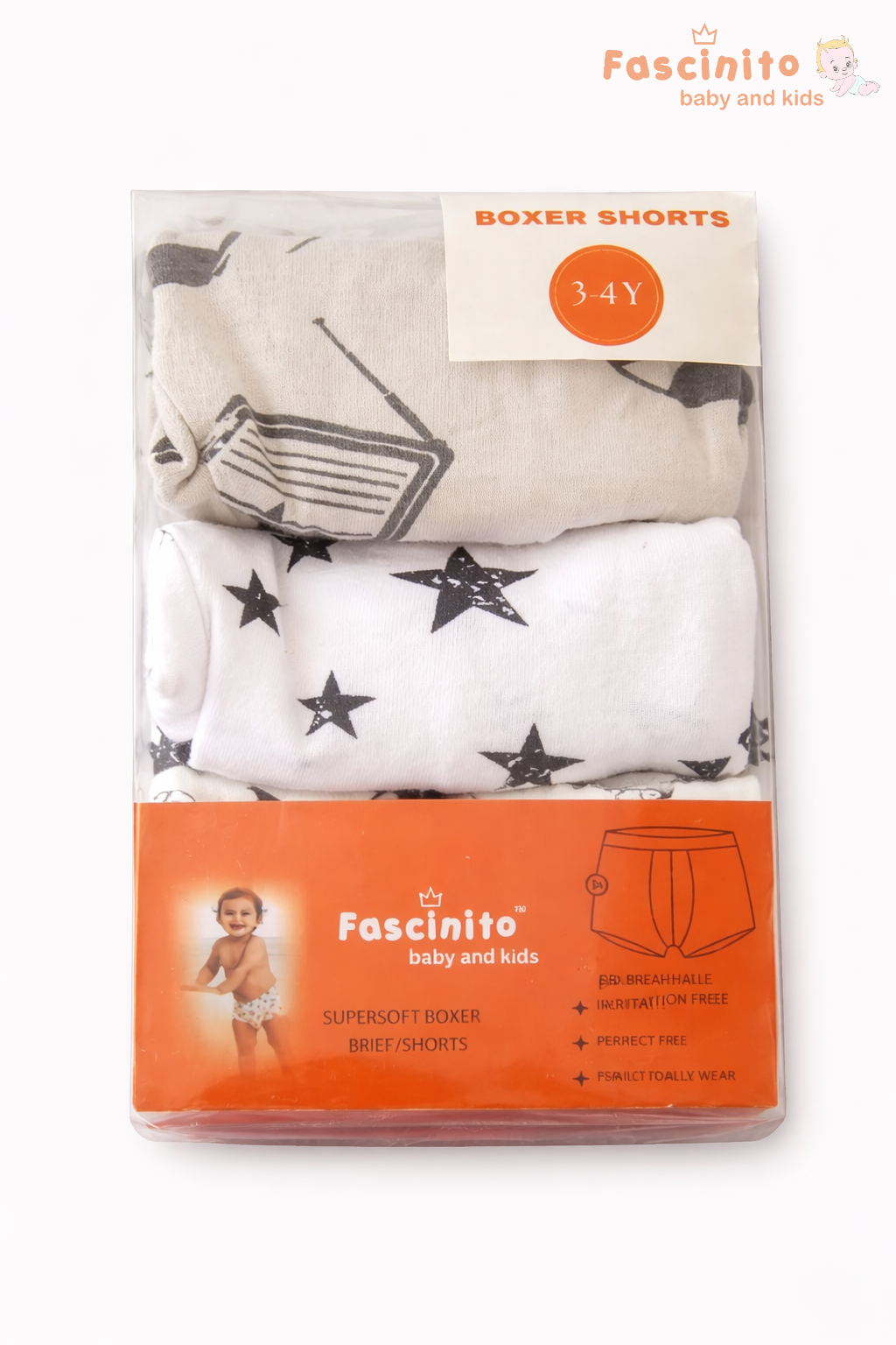 Baby Boxer Shorts 3PCS Pack in retail packaging with printed cotton shorts