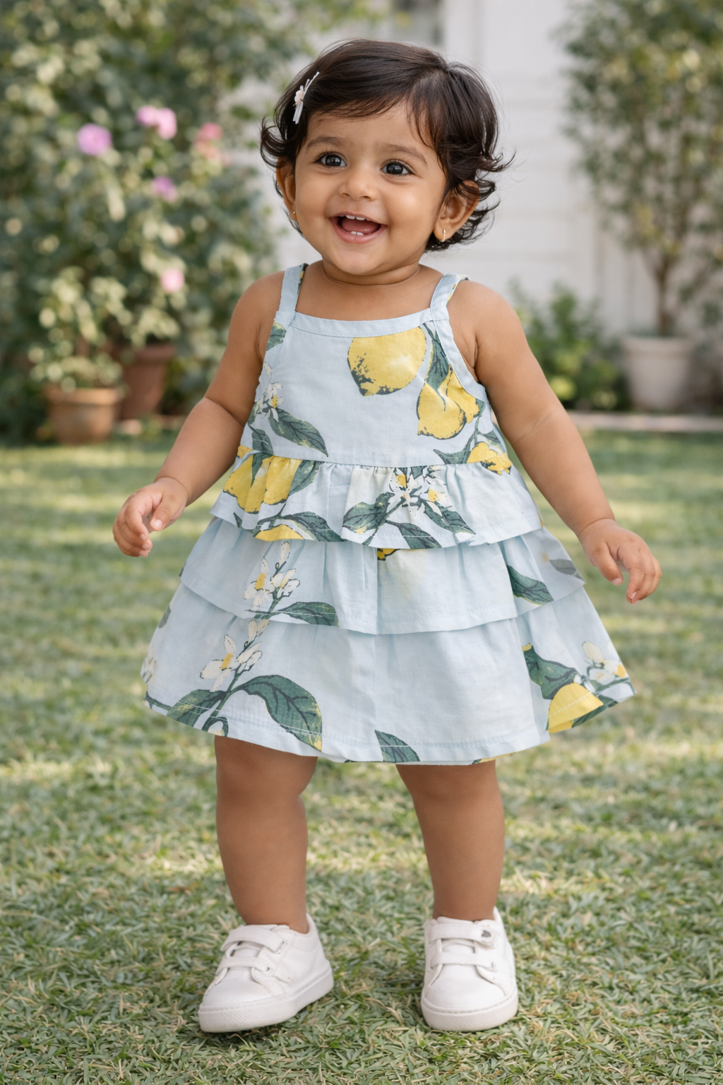 Baby girl wearing a lemon print tiered cotton frock outdoors