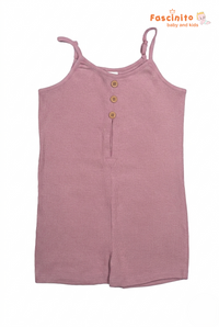 Front view of baby playsuit in dusty rose ribbed cotton with sleeveless design and front button detail