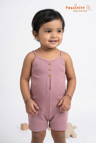 Baby wearing a dusty rose ribbed cotton sleeveless playsuit with front button detail