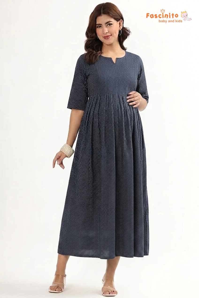 Blue dotted maternity nursing maxi dress for women by Fascinito