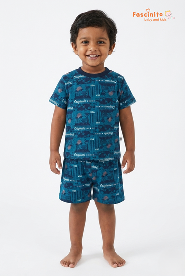 Boys blue cotton night suit set for toddlers by Fascinito