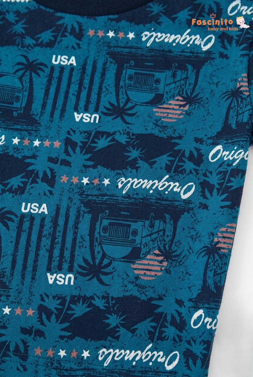 Close-up of blue printed cotton fabric in boys nightwear set by Fascinito