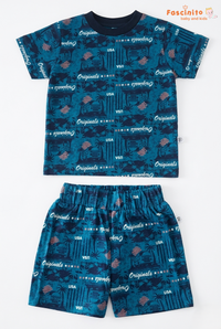 Boys blue cotton nightwear tshirt and shorts set by Fascinito