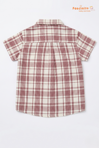 Back view of boys red plaid half sleeve cotton shirt on white background