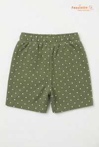 Boys olive green polka dot cotton shorts with elastic waistband on white background