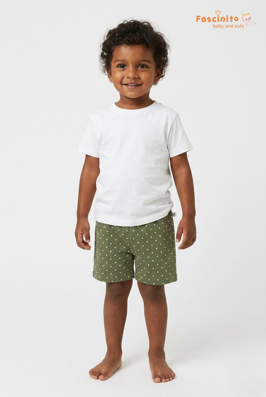 Child wearing boys olive green polka dot casual shorts by Fascinito Baby and Kids