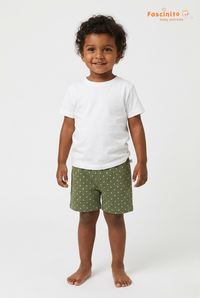 Child wearing boys olive green polka dot casual shorts by Fascinito Baby and Kids