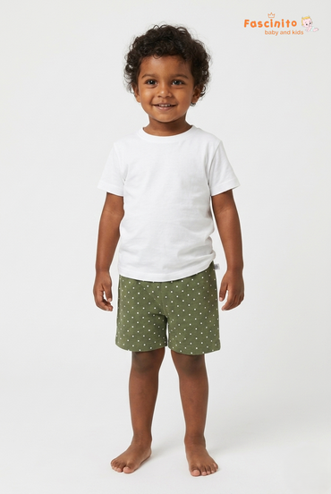 Child wearing boys olive green polka dot casual shorts by Fascinito Baby and Kids