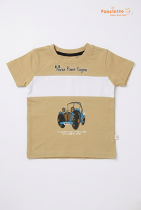 Front view of boys mustard yellow graphic t shirt