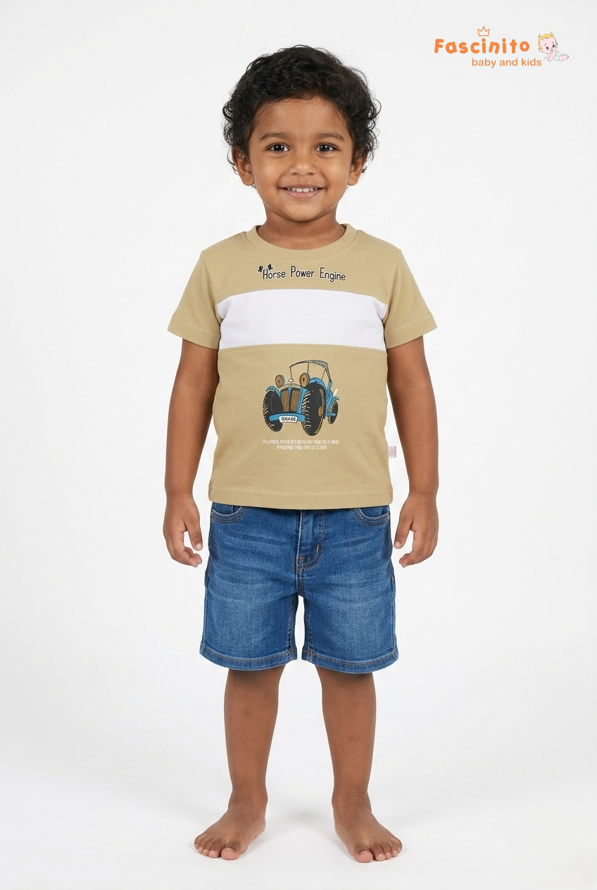 Kids mustard yellow tractor graphic t shirt with white chest panel