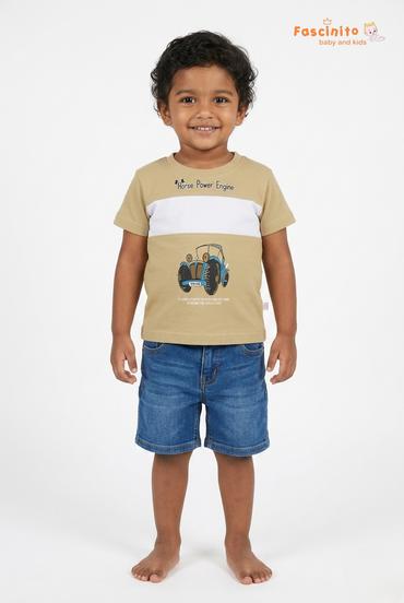 Kids mustard yellow tractor graphic t shirt with white chest panel