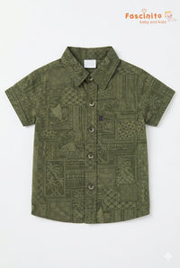 Boys Tropical Print Shirt – Olive Green Vacation Shirt