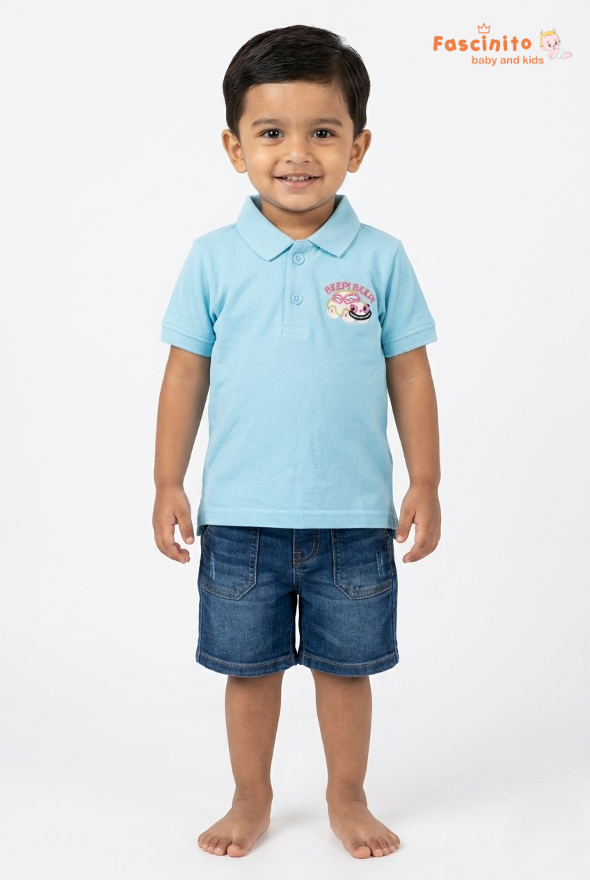 Toddler boy wearing Fascinito light blue polo t shirt with car print