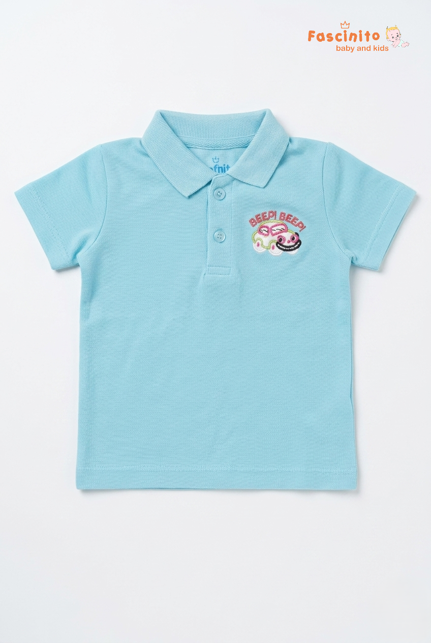 Fascinito boys light blue cotton polo t shirt with car print