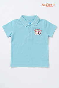 Fascinito boys light blue cotton polo t shirt with car print