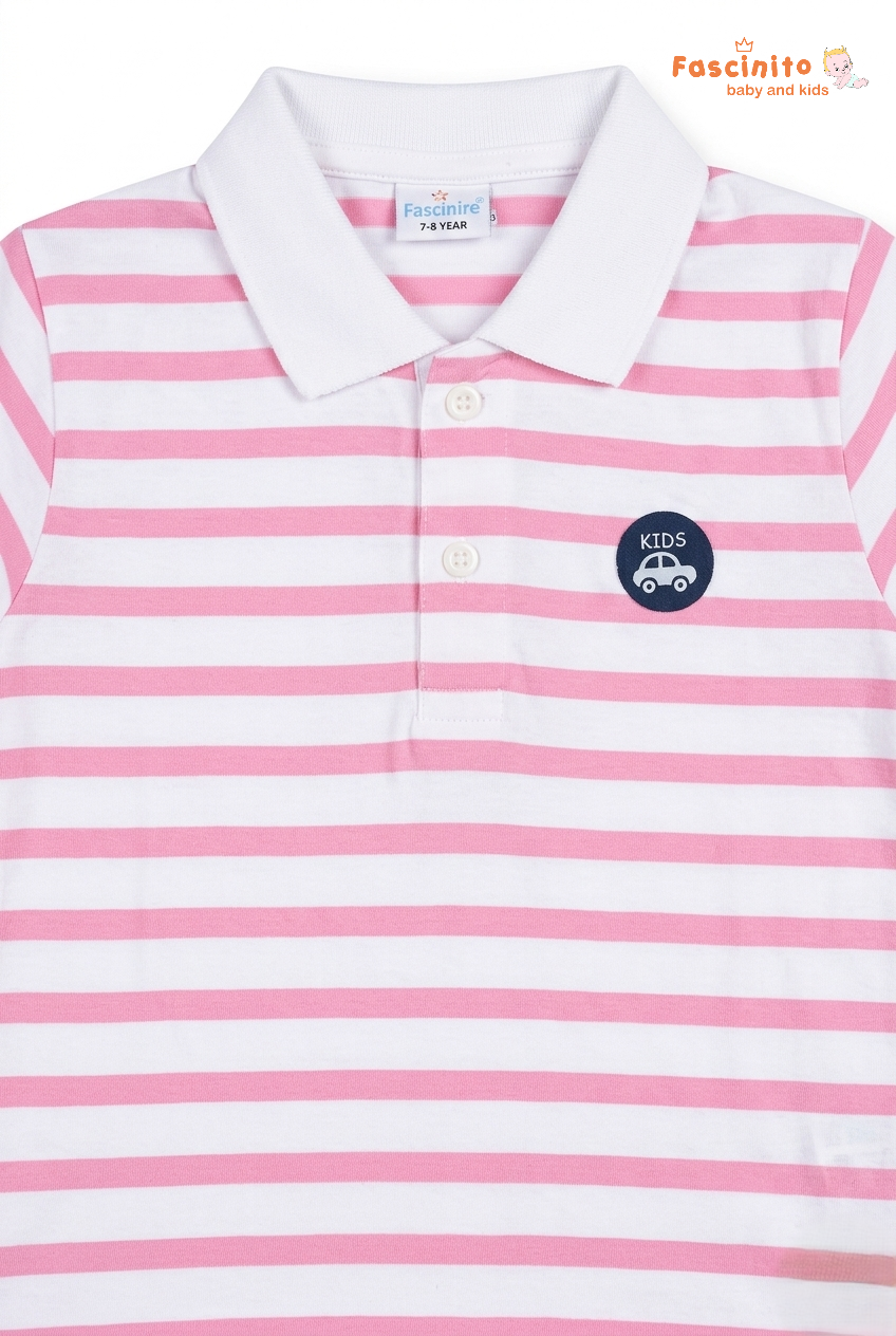 Fascinito boys pink white striped cotton polo tshirt close up view