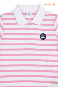 Fascinito boys pink white striped cotton polo tshirt close up view