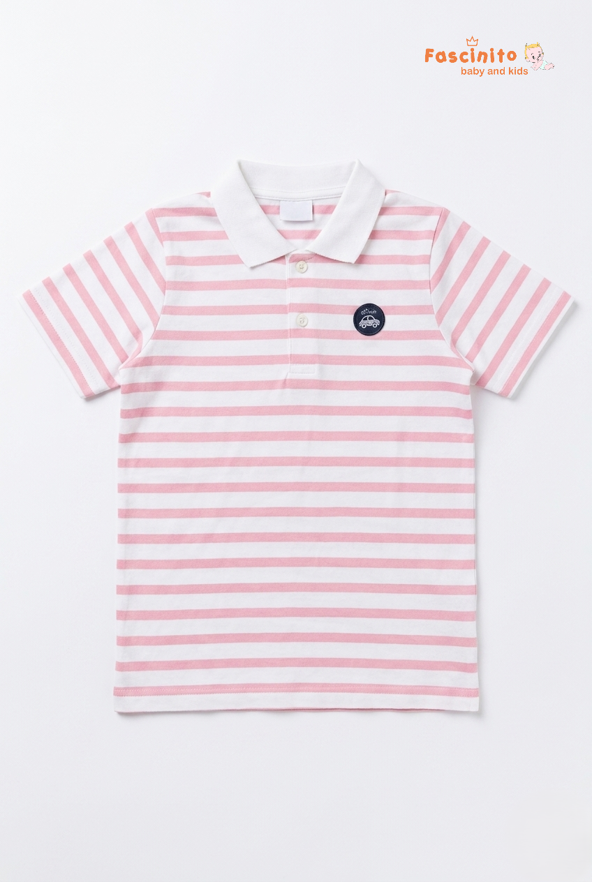 Fascinito boys pink white striped cotton polo tshirt with collar
