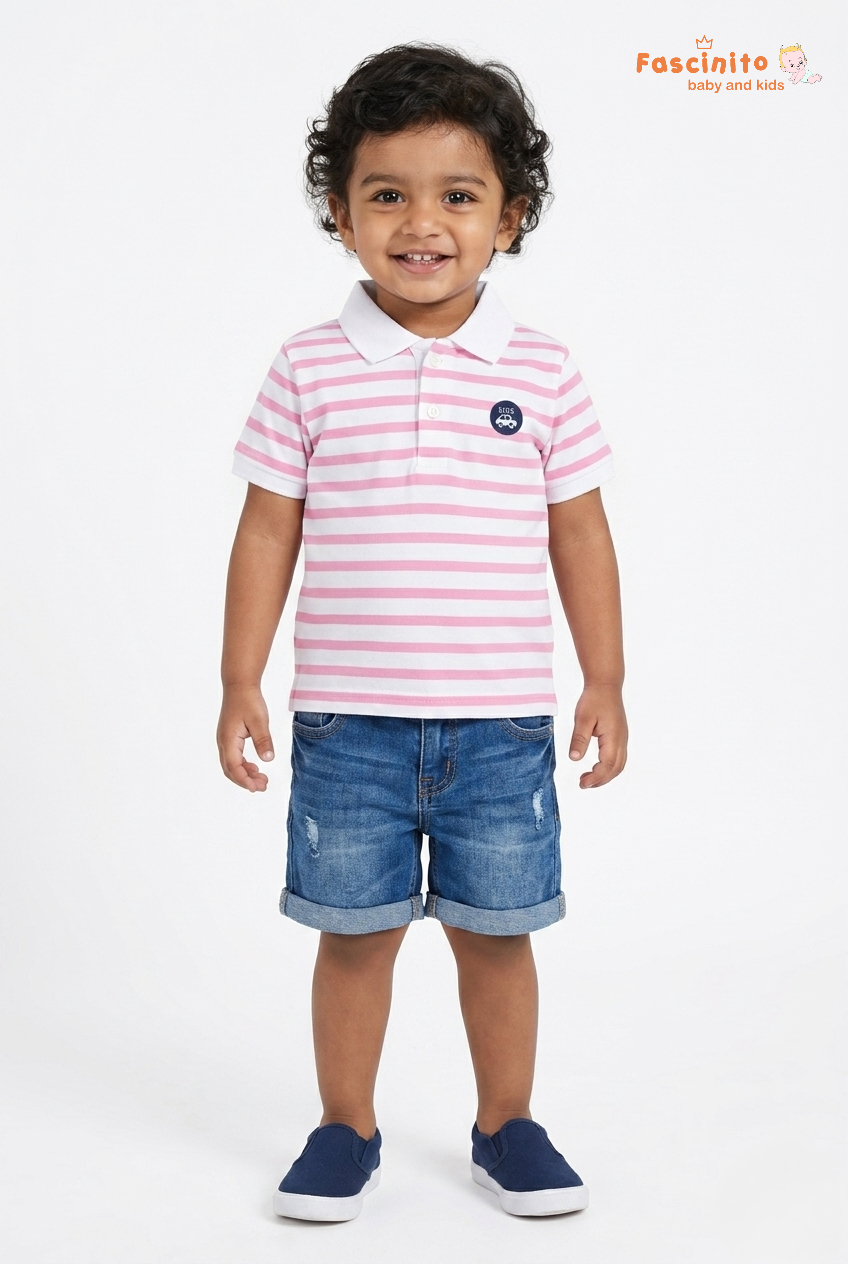 Fascinito boys pink and white striped polo t shirt for casual wear