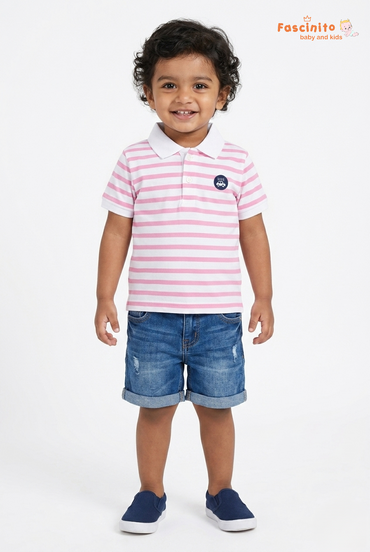 Fascinito boys pink and white striped polo t shirt for casual wear