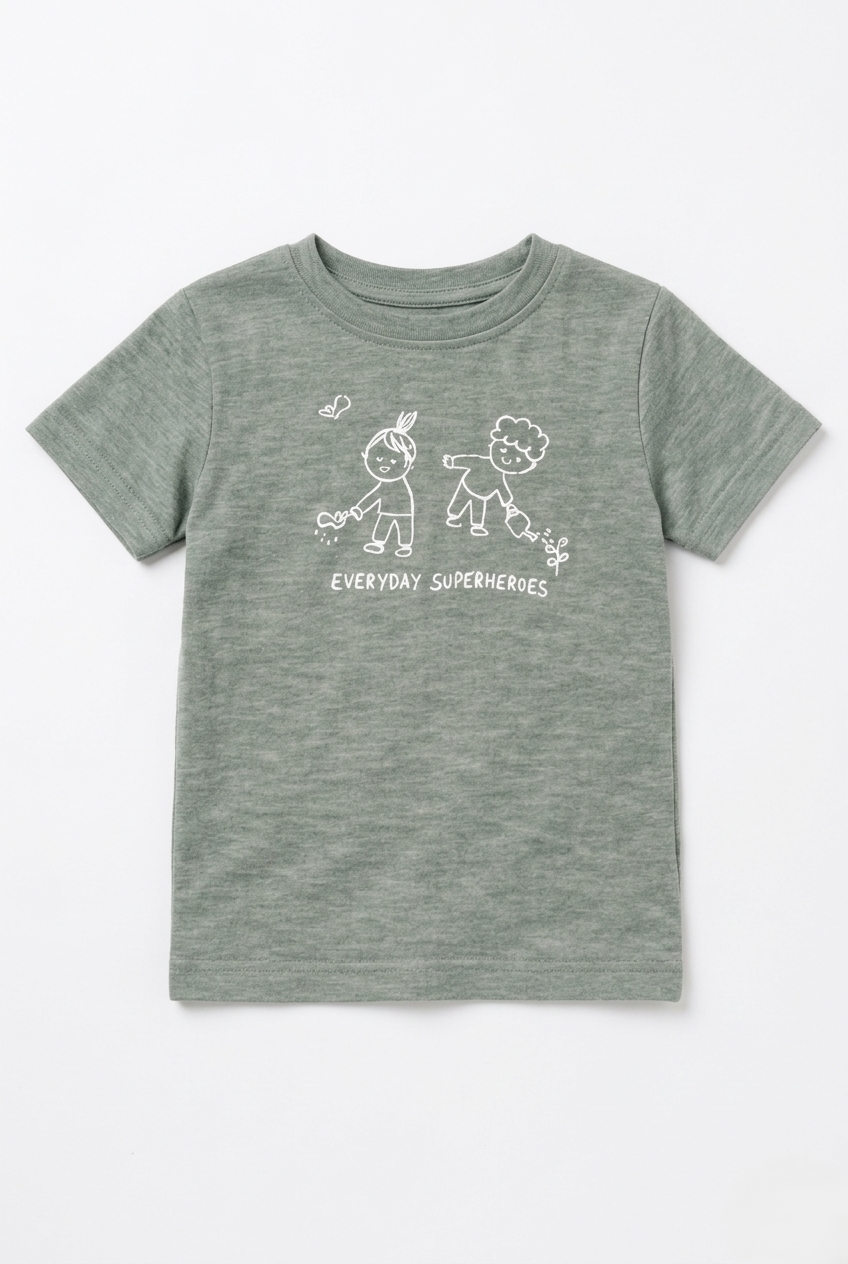 Fascinito boys sage green everyday superheroes graphic cotton tshirt on white background