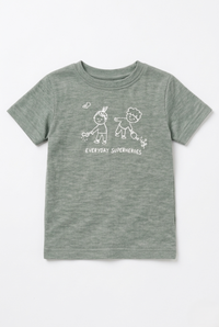 Fascinito boys sage green everyday superheroes graphic cotton tshirt on white background