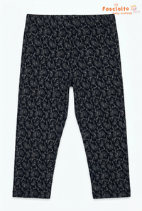 Fascinito girls black printed cotton capri pant on white background