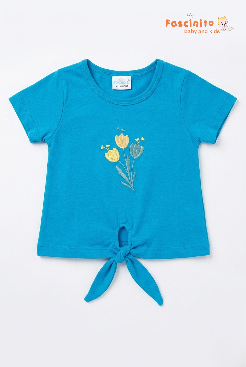 Fascinito girls blue floral knot style cotton t shirt for toddlers