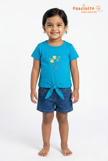 Fascinito girls blue floral knot style cotton t shirt with denim shorts