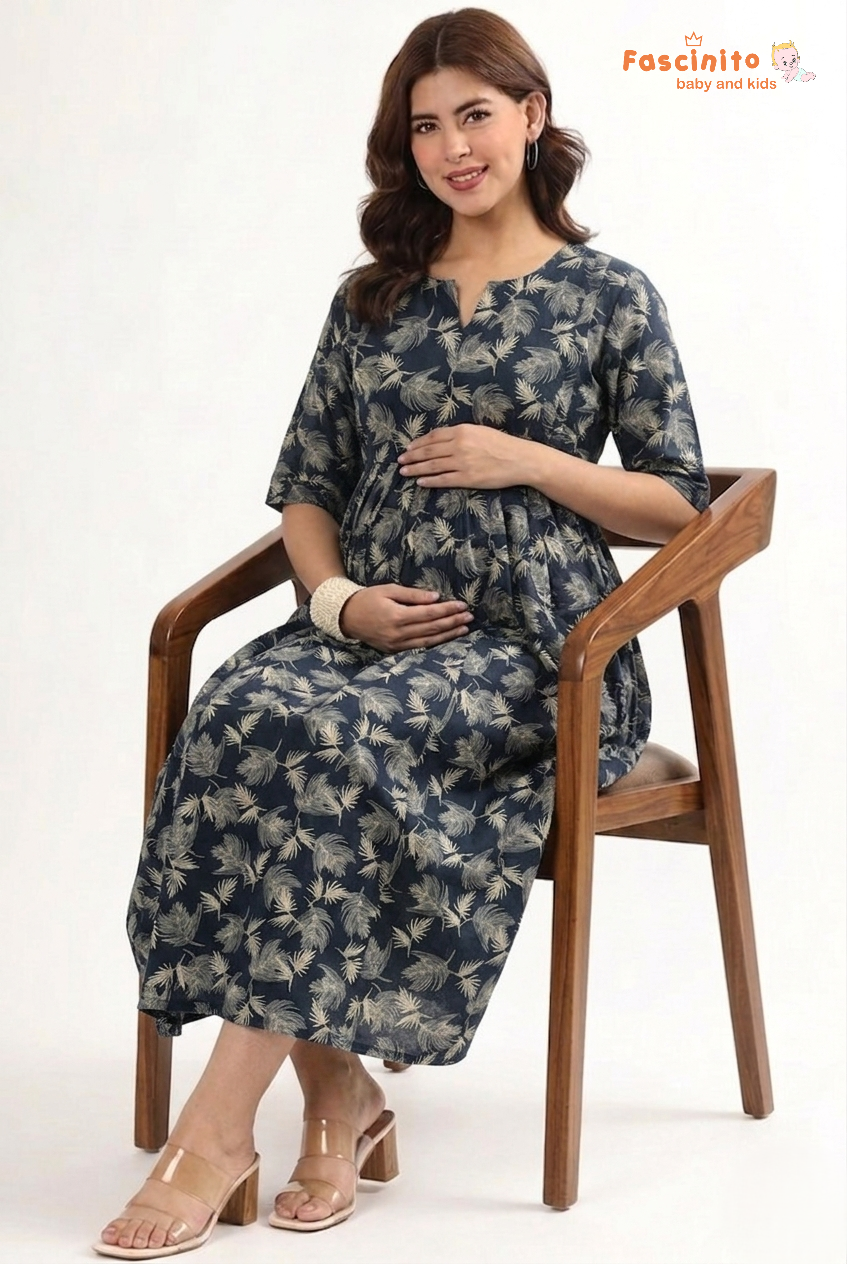 Blue floral maternity feeding maxi dress for pregnant women by Fascinito.