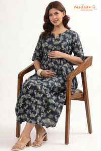 Blue floral maternity feeding maxi dress for pregnant women by Fascinito.