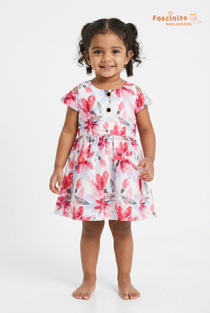 Little girl wearing floral cold shoulder party frock by Fascinito