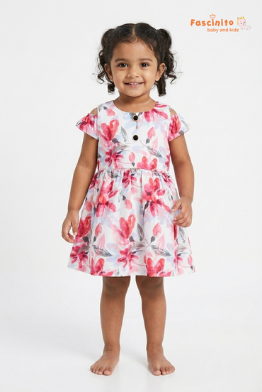 Little girl wearing floral cold shoulder party frock by Fascinito