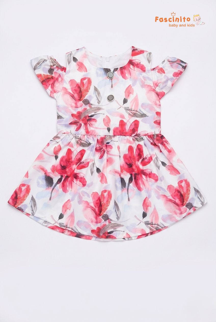 Floral cold shoulder frock for girls with pink flower print