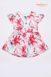 Floral cold shoulder frock for girls with pink flower print